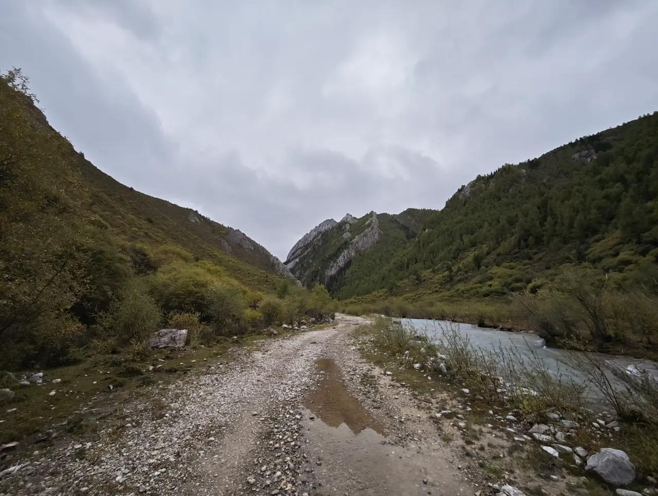 带着积水的砂石路紧贴溪流前进，两侧山坡开始变得更开阔。