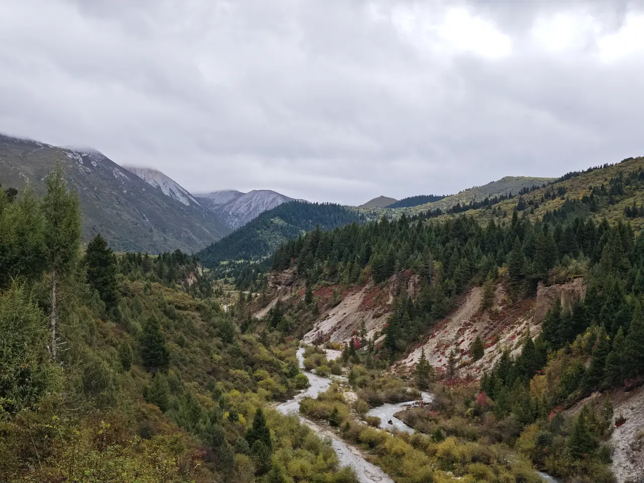 溪流在深切河谷里盘绕，灰白山坡和秋色灌木向远处延伸。