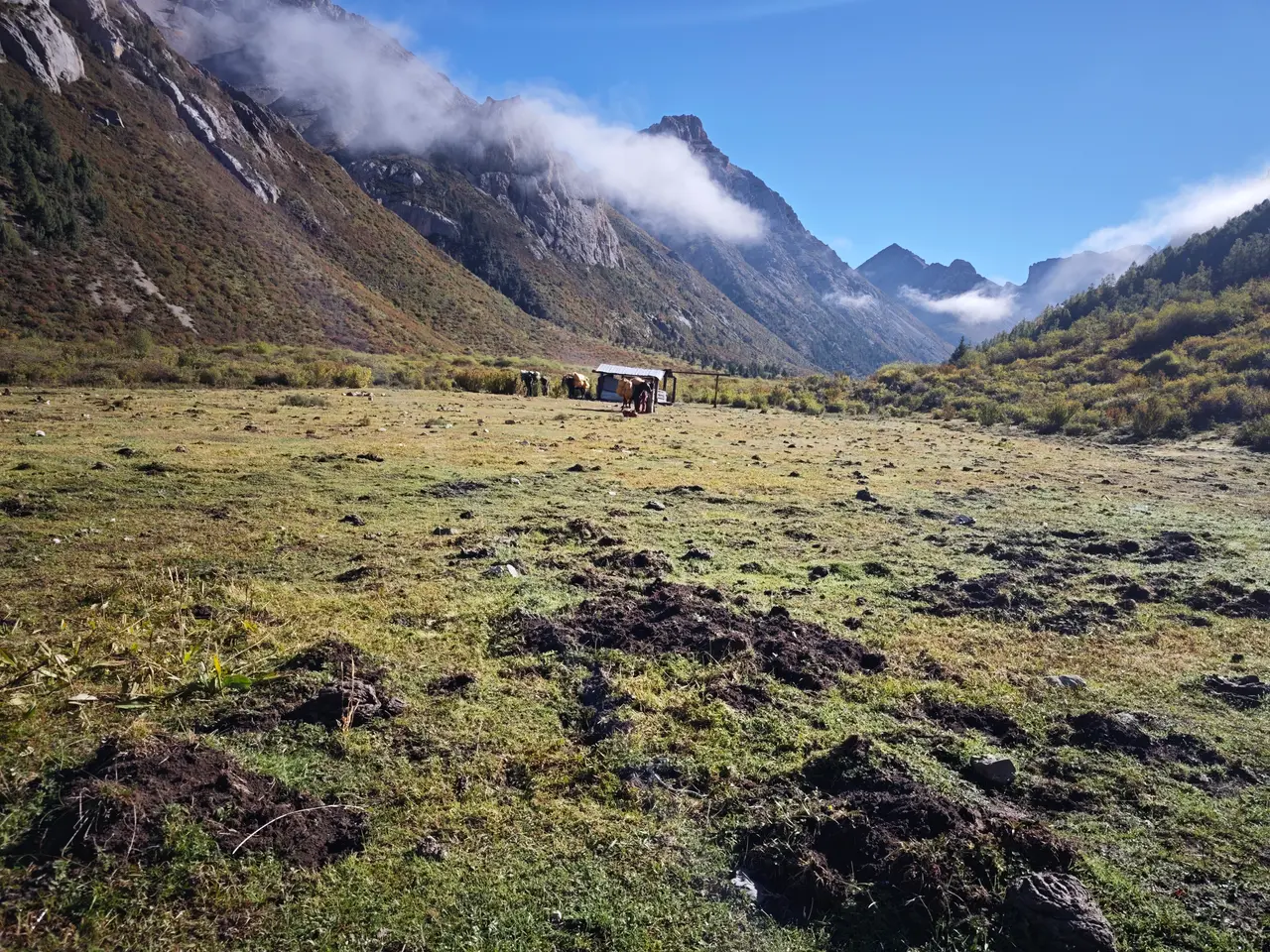 开阔谷地上散着几处营地和帐篷，远处云脚正往山口里推进。