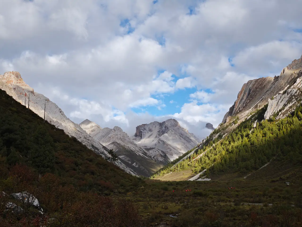 清晨的山谷被云影和阳光分层切开，视线顺着谷底一直望向雪山方向。